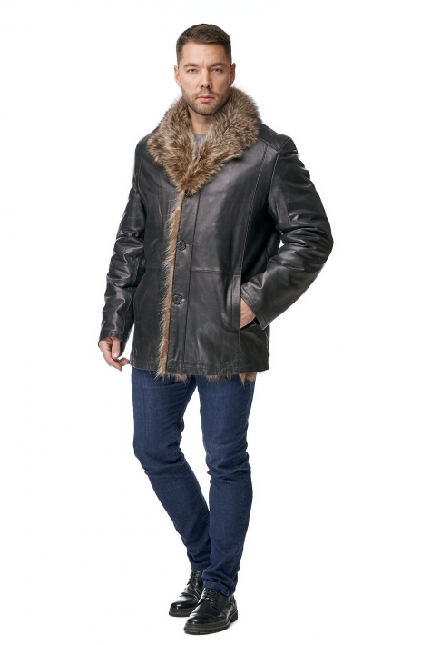 Мужская кожаная куртка из натуральной кожи с воротником, отделка енот 8010827