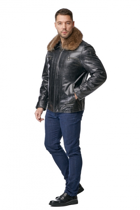Мужская кожаная куртка из натуральной кожи с воротником, отделка енот 8010881