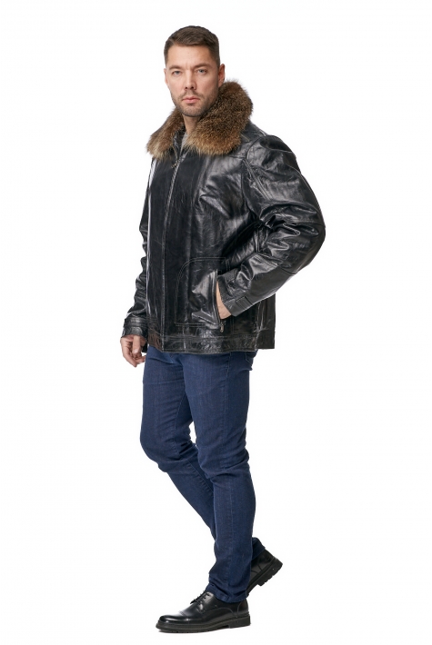 Мужская кожаная куртка из натуральной кожи с воротником, отделка енот 8010886