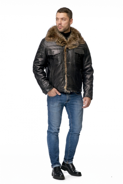 Мужская кожаная куртка из натуральной кожи с воротником, отделка енот 8011761