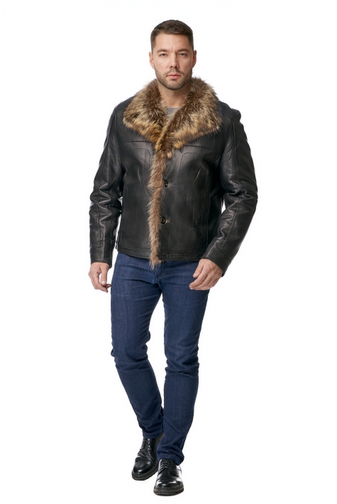 Мужская кожаная куртка из натуральной кожи с воротником, отделка енот 8011762