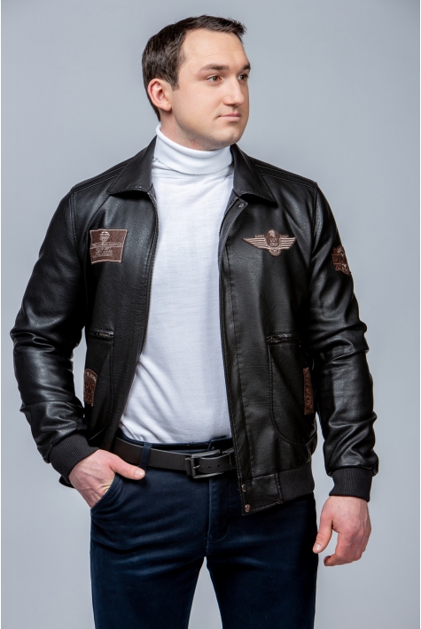 Мужская кожаная куртка из эко-кожи с воротником 8023453